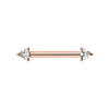 14k rose gold nipple barbell featuring dual trillion-cut diamond ends in prong settings, front view