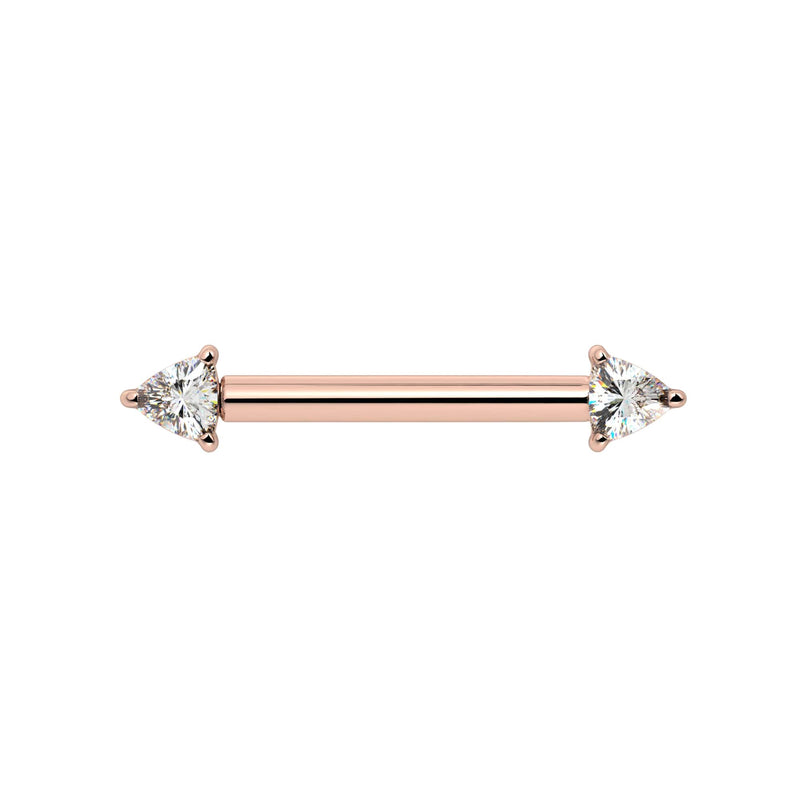 14k rose gold nipple barbell featuring dual trillion-cut diamond ends in prong settings, front view