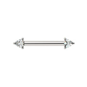 14k white gold nipple barbell with two 3mm trillion-cut diamonds, VS1 clarity, front view