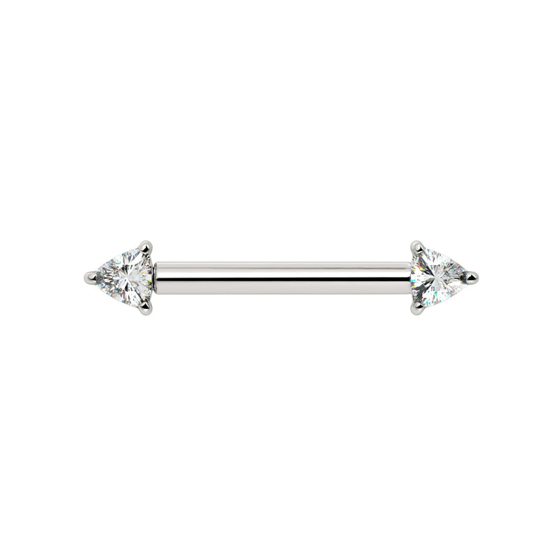 14k white gold nipple barbell with two 3mm trillion-cut diamonds, VS1 clarity, front view