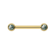 14k yellow gold nipple barbell with dual 3mm bezel-set moss agate cabochons, front view