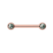 14k rose gold nipple barbell with dual 3mm bezel-set moss agate cabochons, front view