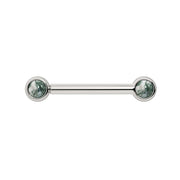 14k white gold nipple barbell with dual 3mm bezel-set moss agate cabochons, front view