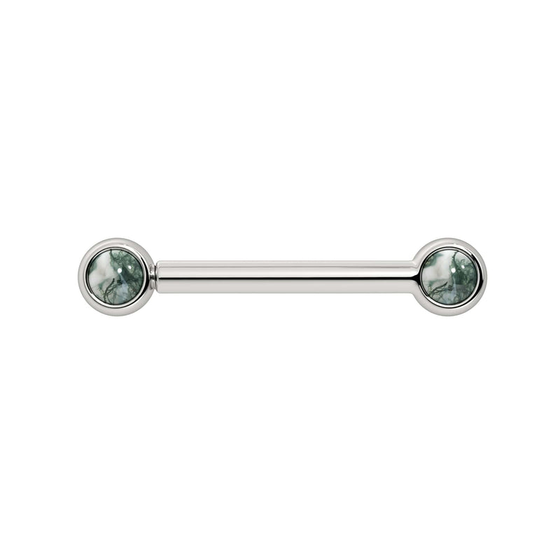 14k white gold nipple barbell with dual 3mm bezel-set moss agate cabochons, front view