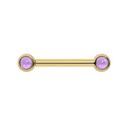 14k yellow gold nipple barbell with dual 3mm bezel-set amethyst cabochons, front view