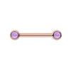 14k rose gold nipple barbell with dual 3mm bezel-set amethyst cabochons, front view