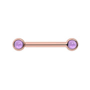 14k rose gold nipple barbell with dual 3mm bezel-set amethyst cabochons, front view