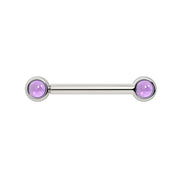 14k white gold nipple barbell with dual 3mm bezel-set amethyst cabochons, front view