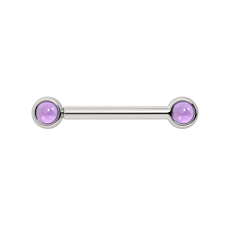 14k white gold nipple barbell with dual 3mm bezel-set amethyst cabochons, front view