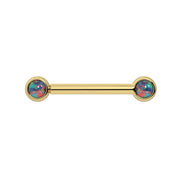 14k yellow gold nipple barbell with dual 3mm black opal cabochons showing vivid color play
