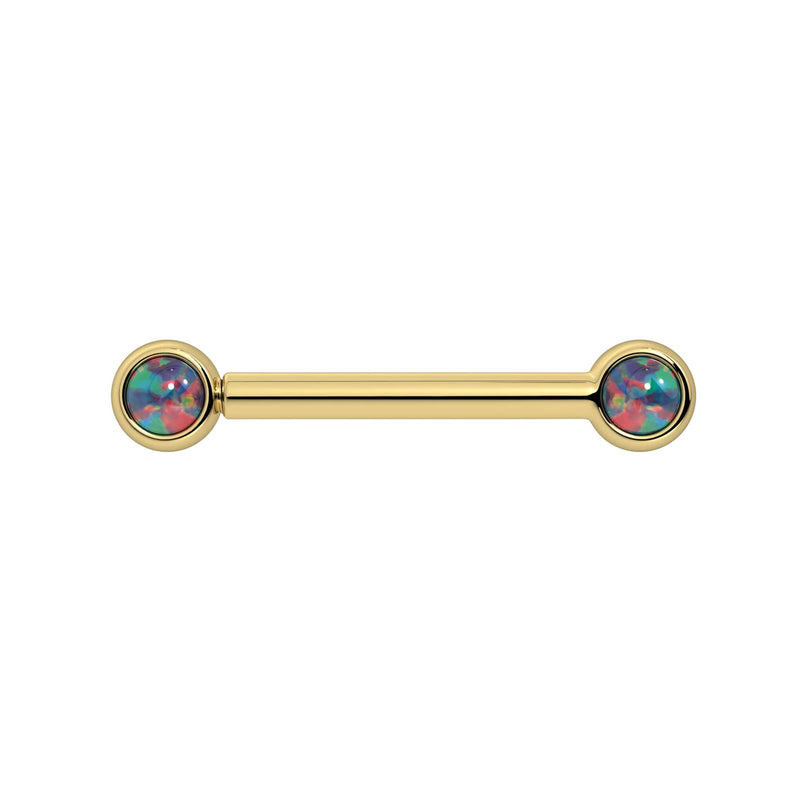 14k yellow gold nipple barbell with dual 3mm black opal cabochons showing vivid color play