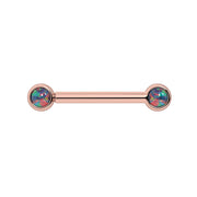 14k rose gold nipple barbell with dual 3mm black opal cabochons showing vivid color play