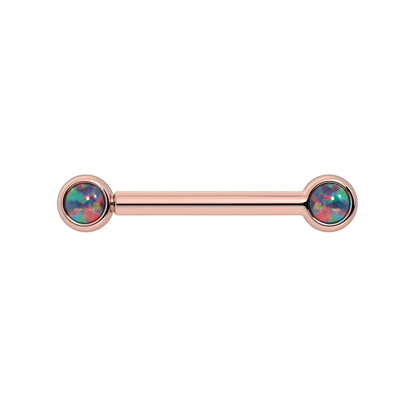 14k rose gold nipple barbell with dual 3mm black opal cabochons showing vivid color play