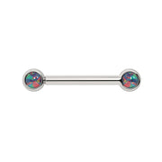 14k white gold nipple barbell with dual 3mm black opal cabochons showing multicolor fire