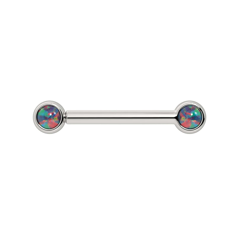 14k white gold nipple barbell with dual 3mm black opal cabochons showing multicolor fire