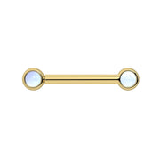 14k yellow gold nipple barbell with dual 3mm bezel-set moonstone cabochons, front view