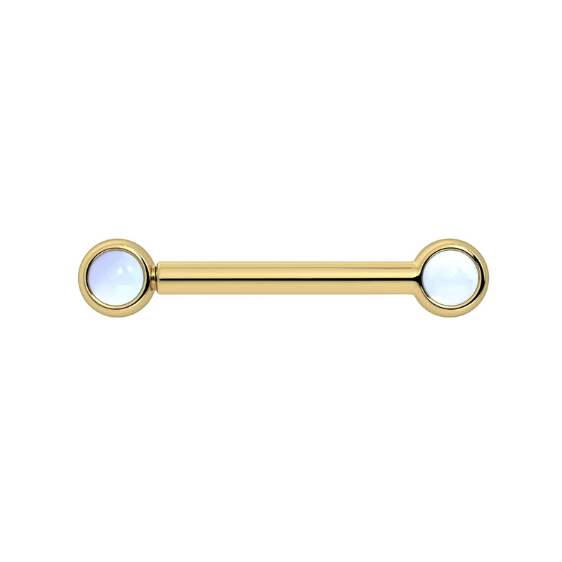 14k yellow gold nipple barbell with dual 3mm bezel-set moonstone cabochons, front view