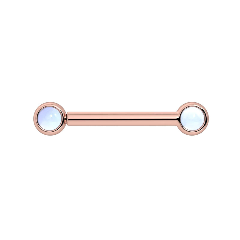 14k rose gold nipple barbell with dual 3mm bezel-set moonstone cabochons, front view