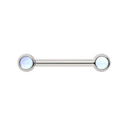 14k white gold nipple barbell with dual 3mm bezel-set moonstone cabochons, front view