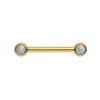 14k yellow gold nipple barbell with dual 3mm bezel-set white opal cabochons, front view