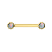 14k yellow gold nipple barbell with dual 3mm bezel-set white opal cabochons, front view
