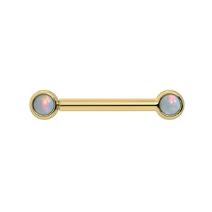 14k yellow gold nipple barbell with dual 3mm bezel-set white opal cabochons, front view