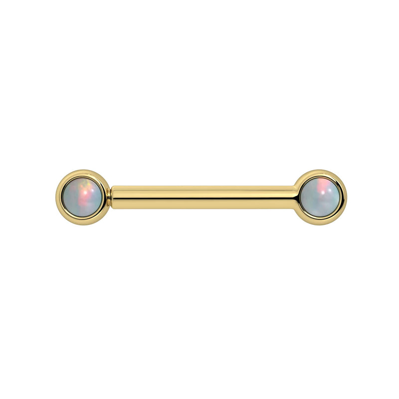 14k yellow gold nipple barbell with dual 3mm bezel-set white opal cabochons, front view