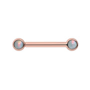 14k rose gold nipple barbell with dual 3mm bezel-set white opal cabochons, front view