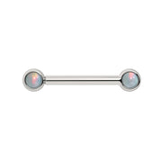14k white gold nipple barbell with dual 3mm bezel-set white opal cabochons, front view