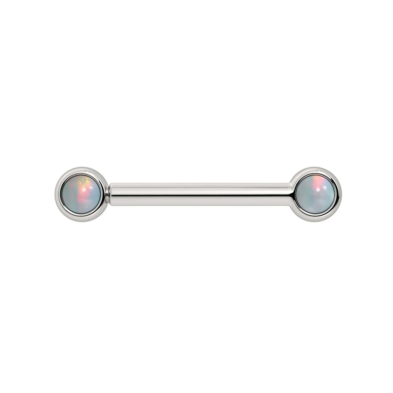 14k white gold nipple barbell with dual 3mm bezel-set white opal cabochons, front view