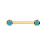 14k yellow gold nipple barbell with dual 3mm bezel-set turquoise cabochons, front view
