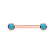 14k rose gold nipple barbell with dual 3mm bezel-set turquoise cabochons, front view