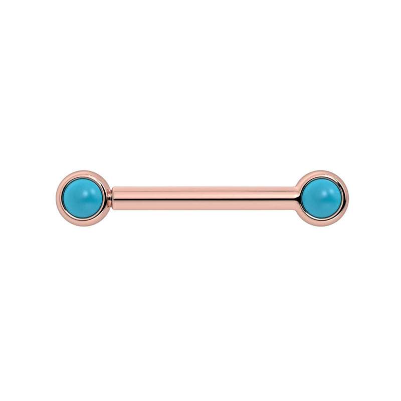 14k rose gold nipple barbell with dual 3mm bezel-set turquoise cabochons, front view
