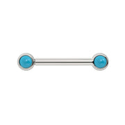 14k white gold nipple barbell with dual 3mm bezel-set turquoise cabochons, front view