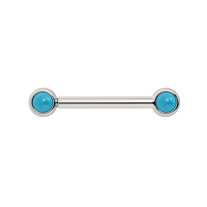 14k white gold nipple barbell with dual 3mm bezel-set turquoise cabochons, front view