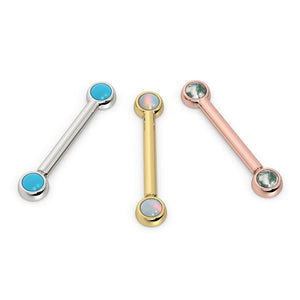 Three 14k gold nipple barbells side by side: white gold with turquoise, yellow gold with opal, rose gold with moss agate