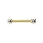 14k yellow gold diamond nipple barbell with dual 3mm round brilliant diamonds in four-prong settings, front view