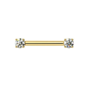 14k yellow gold diamond nipple barbell with dual 3mm round brilliant diamonds in four-prong settings, front view