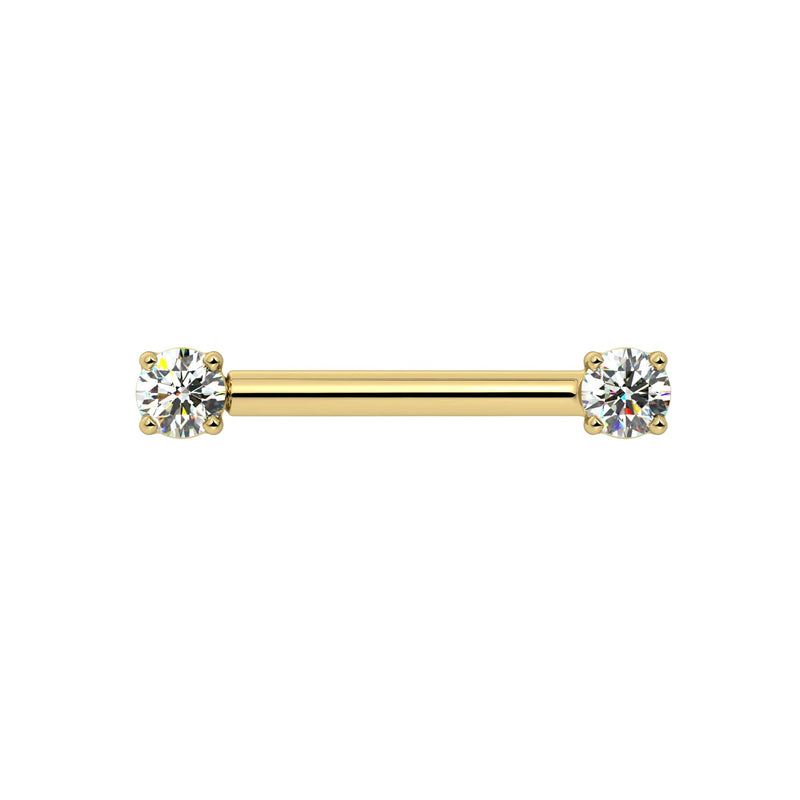 14k yellow gold diamond nipple barbell with dual 3mm round brilliant diamonds in four-prong settings, front view