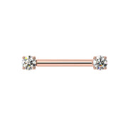 14k rose gold diamond nipple barbell with two prong-set round brilliant diamonds, front view on white background