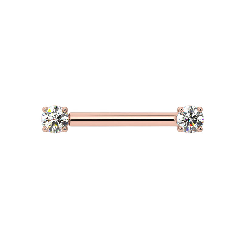 14k rose gold diamond nipple barbell with two prong-set round brilliant diamonds, front view on white background