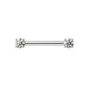 14k white gold diamond nipple barbell featuring dual round brilliant diamonds in four-prong settings, front view