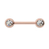 14k rose gold CZ nipple barbell showing larger bezel-set cubic zirconia ends with brilliant sparkle