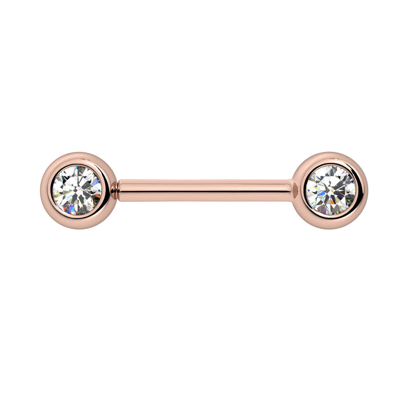 14k rose gold CZ nipple barbell showing larger bezel-set cubic zirconia ends with brilliant sparkle
