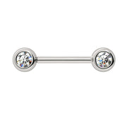 14k white gold CZ nipple barbell with larger bezel-set cubic zirconia ends, polished straight bar