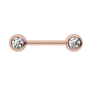 14k rose gold diamond nipple barbell with 4mm VS1 diamonds in bezel ball ends, angled product view
