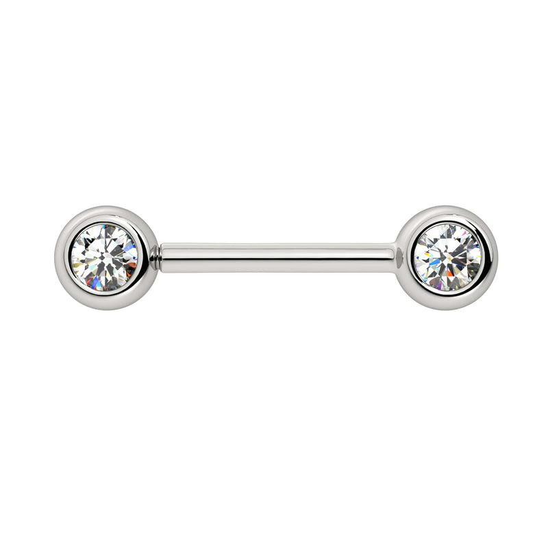 14k white gold diamond nipple barbell with larger 4mm bezel-set diamonds, close-up showing sparkle detail