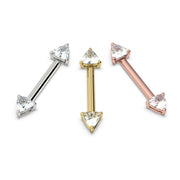 Trillion diamond nipple barbell shown in all three 14k gold colors: white, yellow, and rose gold