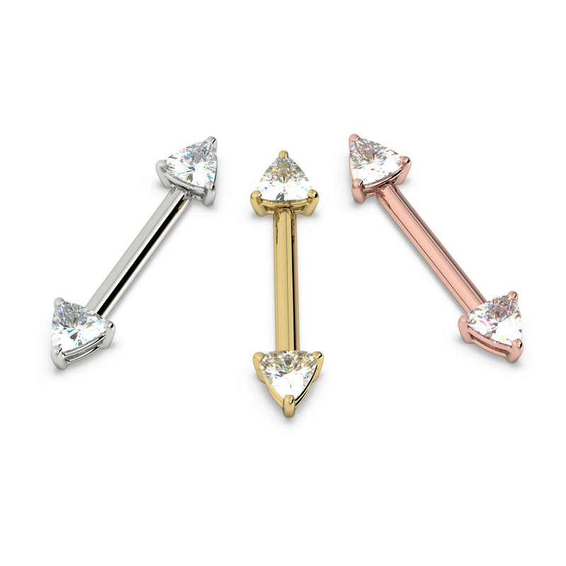 Trillion diamond nipple barbell shown in all three 14k gold colors: white, yellow, and rose gold