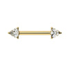 14k yellow gold nipple barbell with dual 4mm trillion-cut diamonds in prong settings, front view